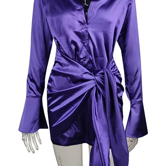 Women’s purple long sleeve, v neck, bodycon, satin wrap mini dress- never worn - Picture 4 of 12